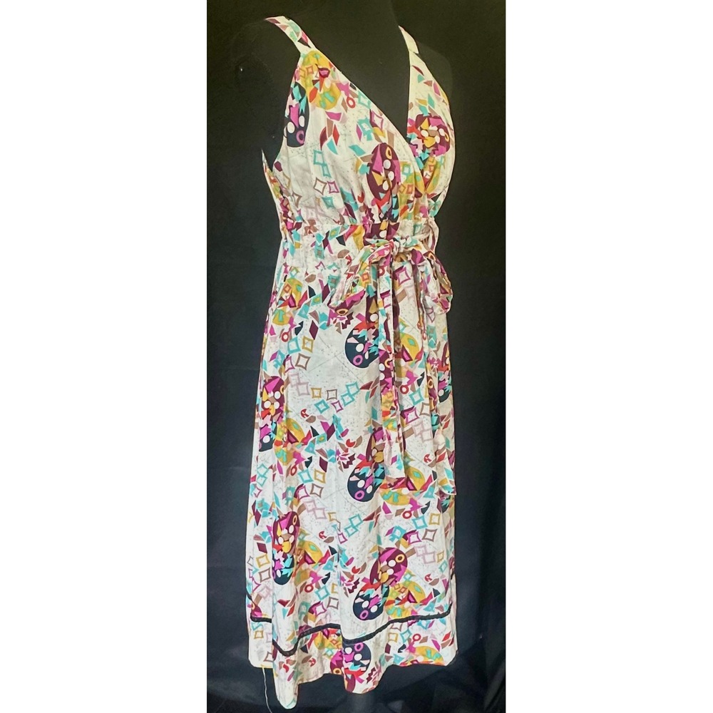Y2K Tramp Womens Large Cotton Abstract Geometric Print Smocked Back Midi Dress